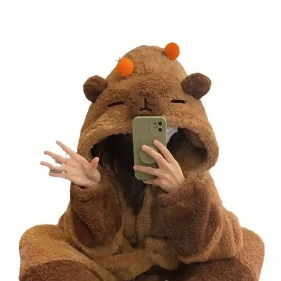 NWOT Cozy Brown Bear Hoodie Robe with Orange Accents - Picture 1 of 12